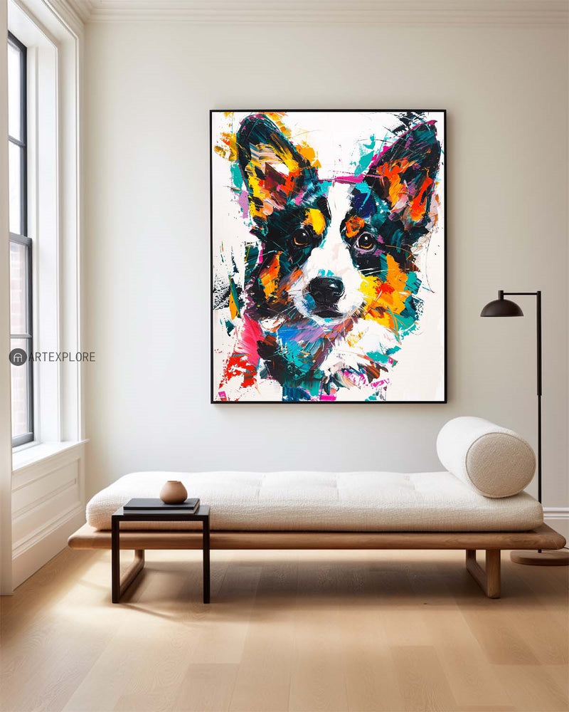 Modern Animal Dog Canvas Painting Wall Art Vibrantly Colorful Dog Art Large Dog Painting For Kid's Room