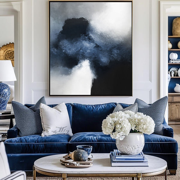 Oversized Navy Blue Abstract Painting Dark Blue Wall Art For Living Room