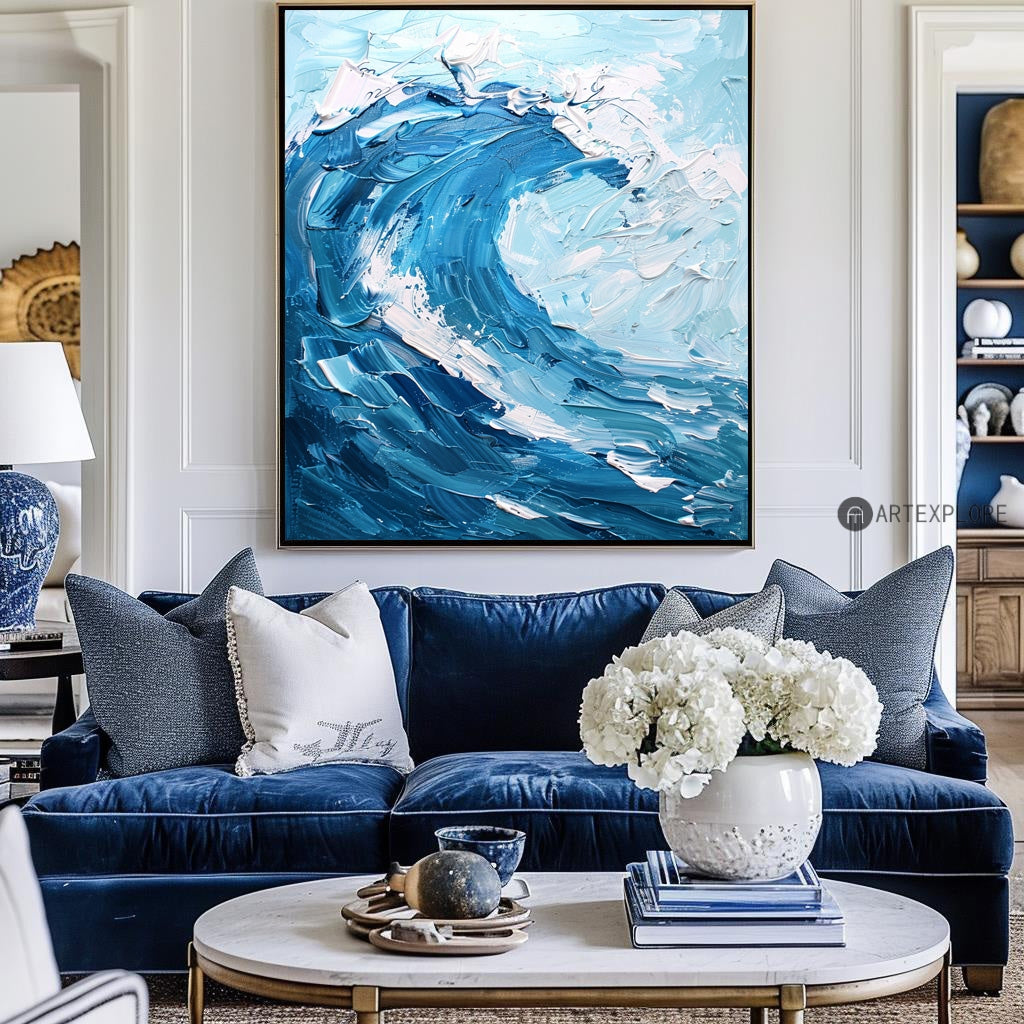 Modern Blue Ocean Wave Wall Art Paintings White Blue Surf Art Canvas ...