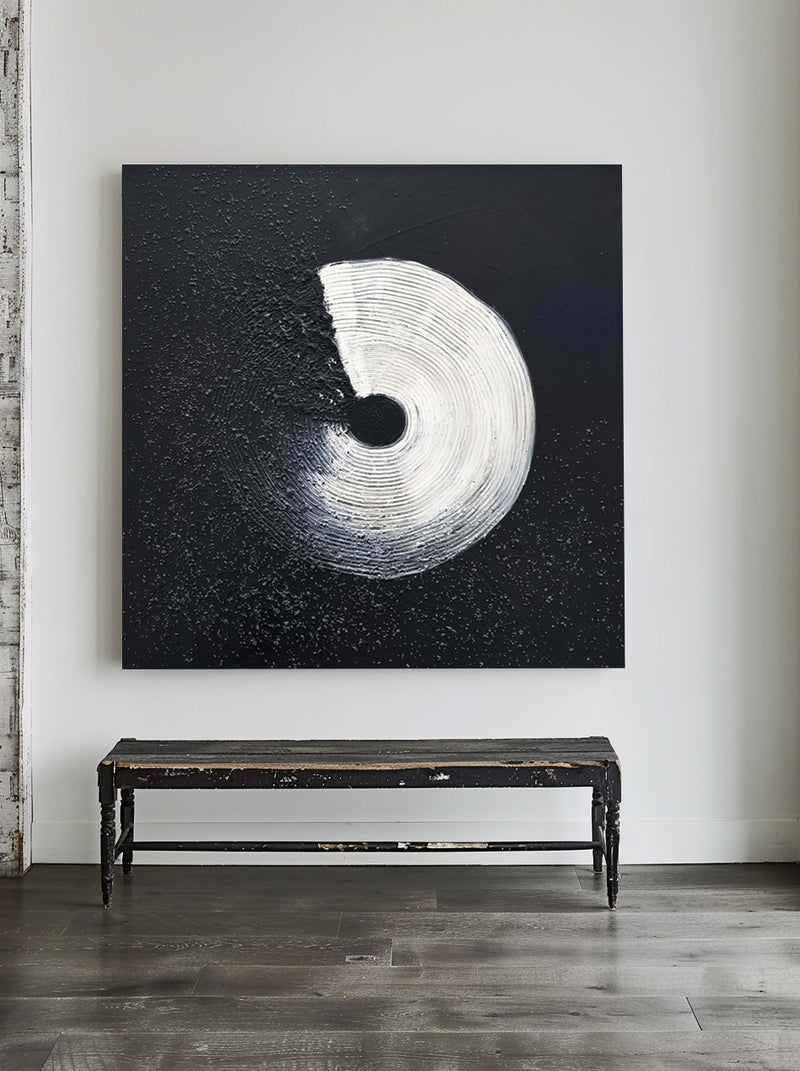 Minimalist Black And White Geometric Abstract Art,Large Framed Black And White Textured,Large Black Painting For Living Room