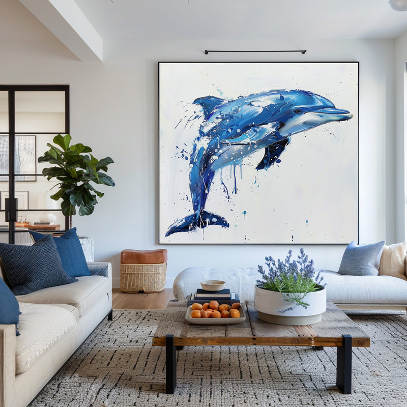 Big Blue And White Dolphin Wall Decor,Canvas Painting Of Dolphin,Cute Dolphin Painting,Blue Art Canvas For Living Room