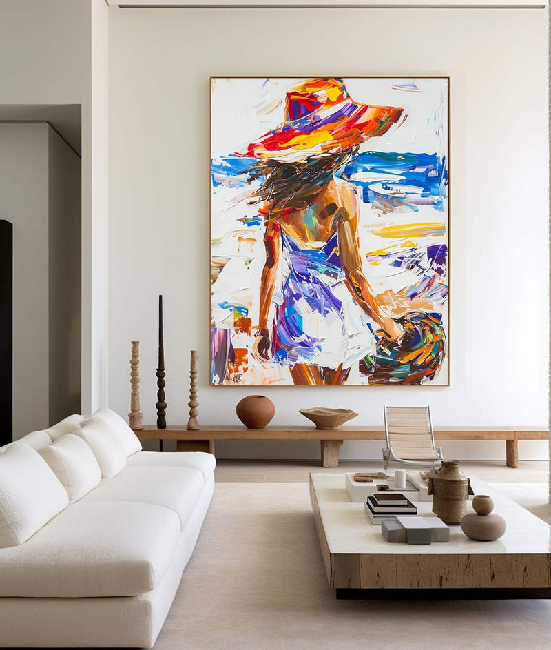 Original Abstract Woman In White Dress Oil Painting, Minimalist Colourful Apartment Decor, Beautiful Girl With A Hat