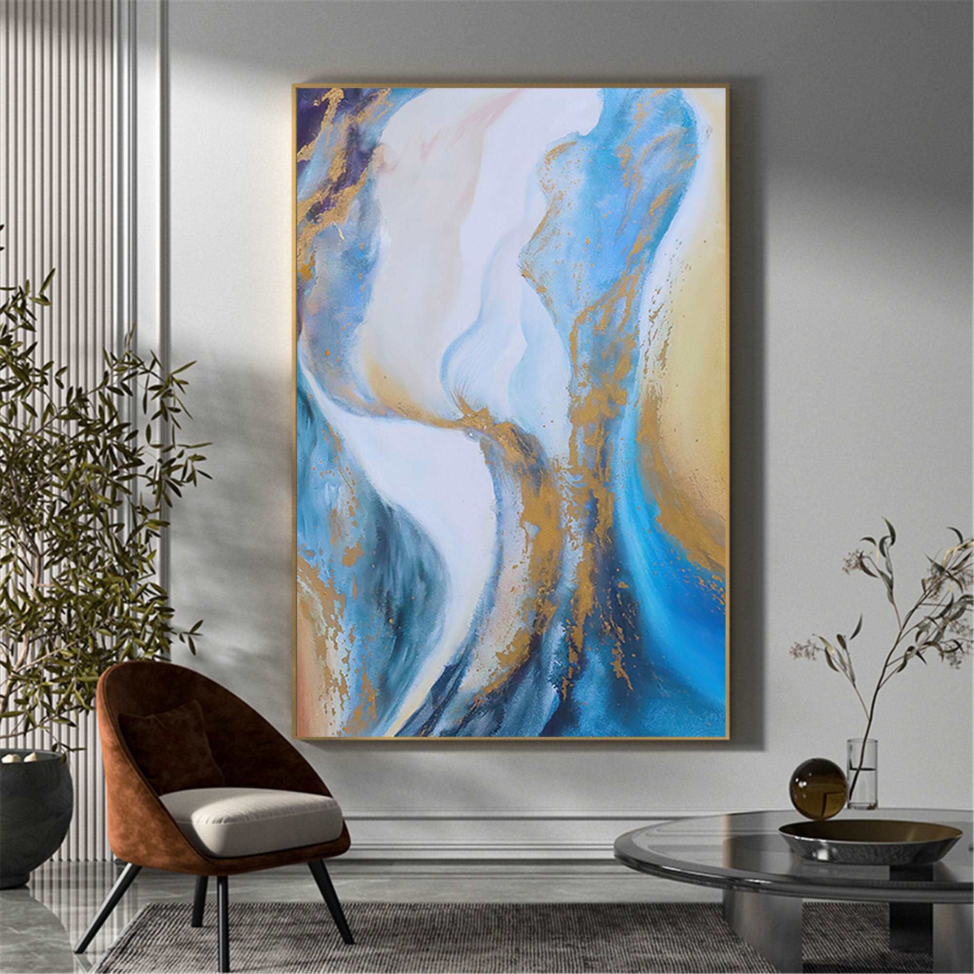 Abstract Blue And Gold Canvas Painting Large Original Acrylic Abstract ...