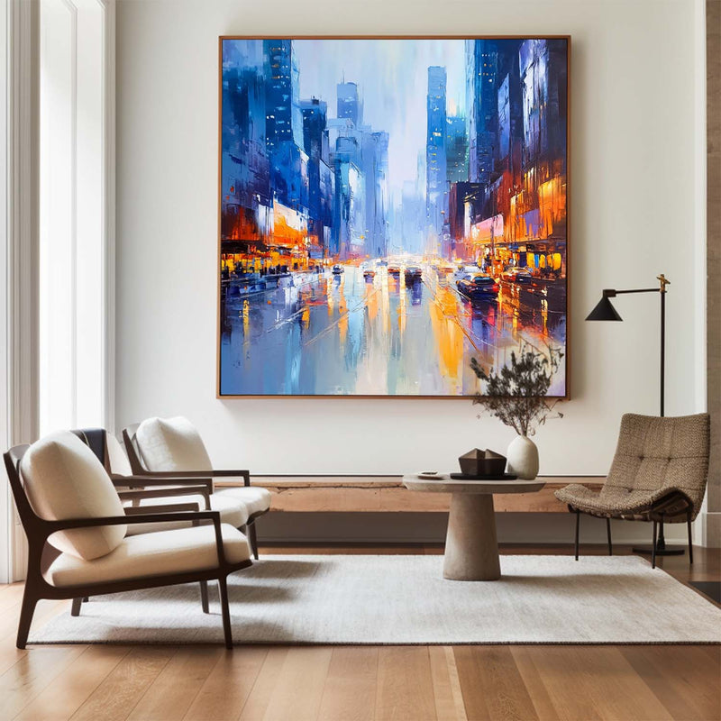 Modern Blue Urban Canvas Wall Art Rich Textured Acrylic Cityscape Canvas Art For Livingroom