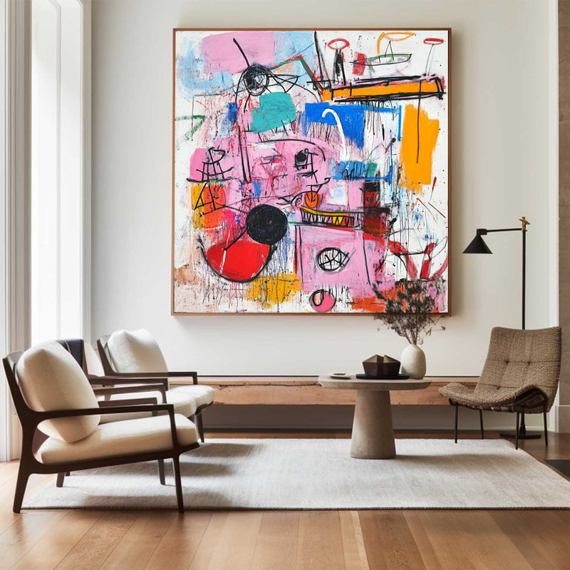 Modern Colorful Graffiti Paintings Basquiat Painting Square Handmade Wall Art For Sale