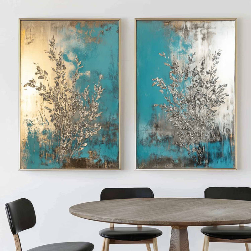 Diptych Turquoise Painting, Set Of 2 Bauhaus Art Decoration Large Silver Textured Wall Art 