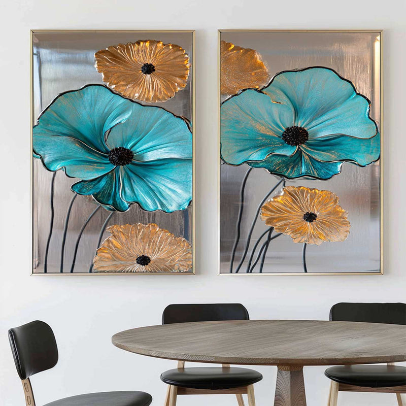 Diptych Turquoise Flowers Art Painting, Set Of 2 Silver Color Rich Texture Art Large Abstract Wall Art 