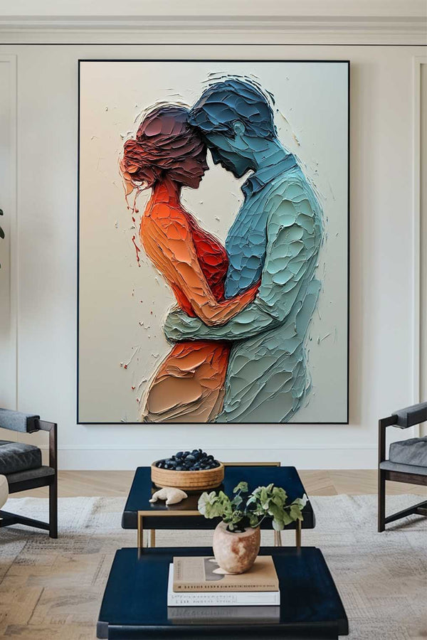 Modern Lovers Painting Blue Red Palette Knife Painting Rich Textured Lovers Artworks for Livingroom