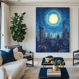 City Night View Canvas Art Blue Vertical Wall Art Modern Cityscape Canvas Art For Livingroom