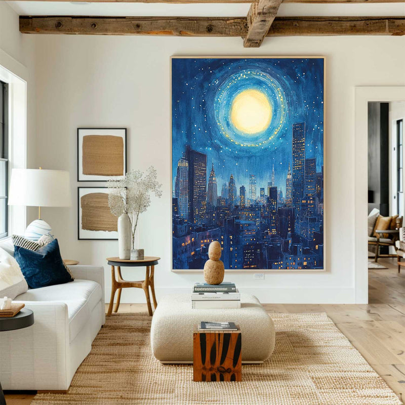 City Night View Canvas Art Blue Vertical Wall Art Modern Cityscape Canvas Art For Livingroom