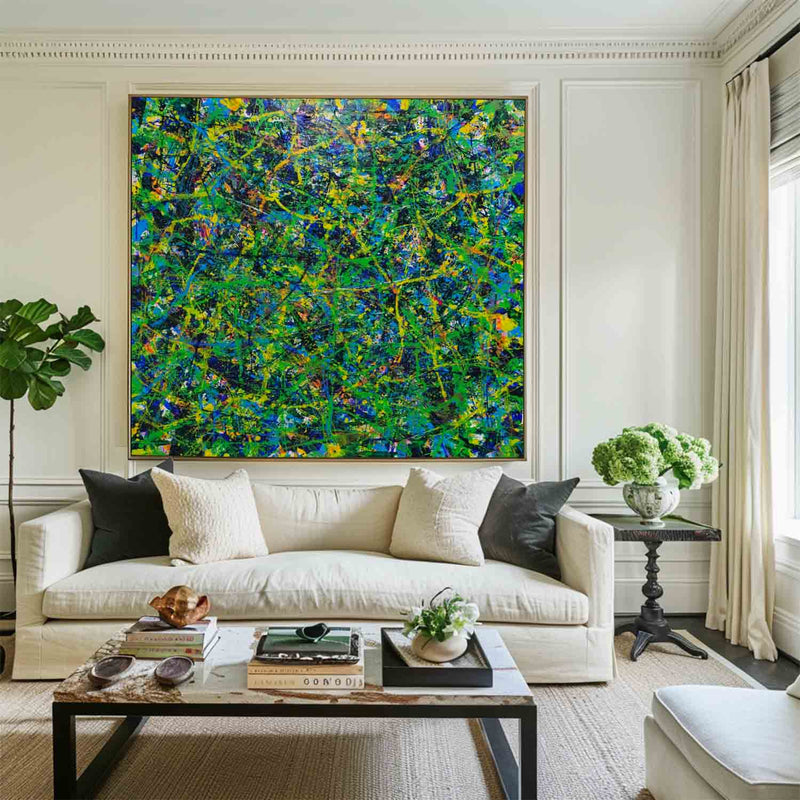 Green Wall Art Green Bold Textured Painting Large Pollock Art Green Canvas Art Green Square Wall Art