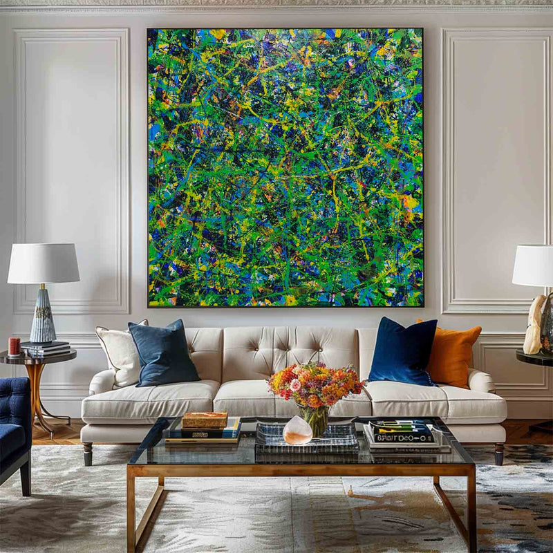 Green Wall Art Green Bold Textured Painting Large Pollock Art Green Canvas Art Green Square Wall Art