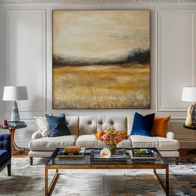 Autumn Fields Painting Landscape Wall Art Deep Beige Fields View Painting Large Art For Livingroom