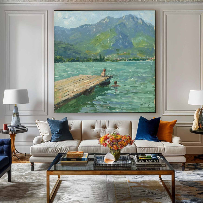 Modern Blue Lake Paintings Childhood Good Old Days Acrylic Painting Canvas Art For Livingroom