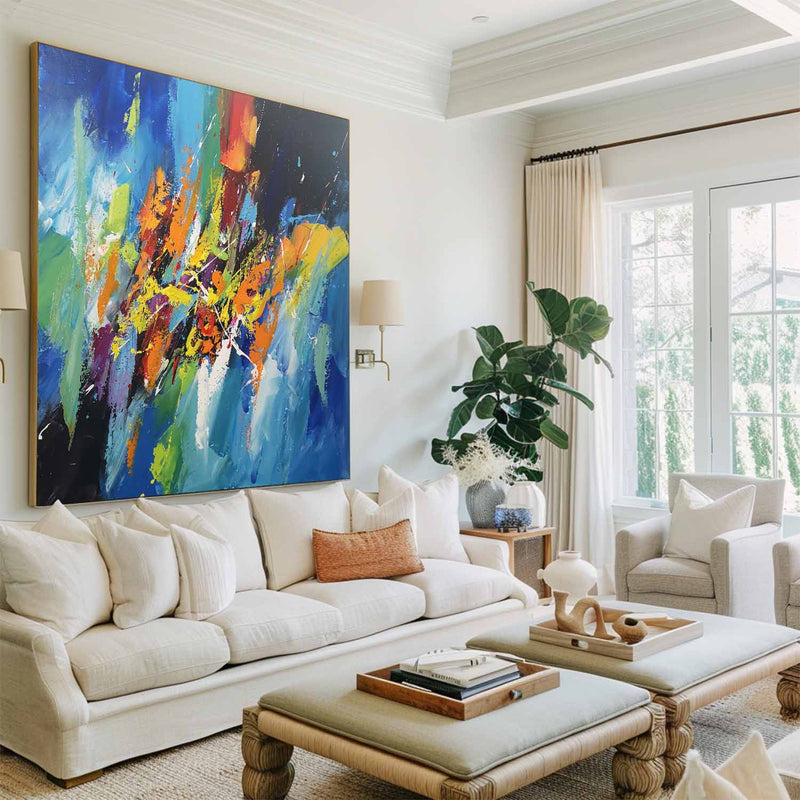 Blue Art Painting Colorful Rich Texture Canvas Art Modern Bauhaus Art Large Abstract For Sale