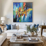 Blue Art Painting Colorful Rich Texture Canvas Art Modern Bauhaus Art Large Abstract For Sale