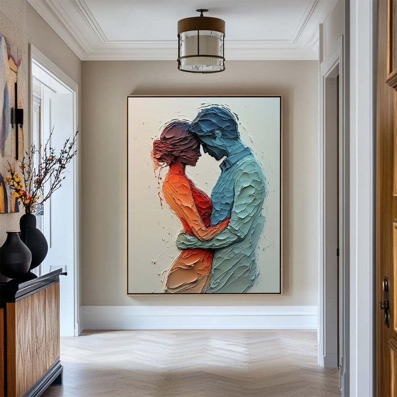 Modern Lovers Painting Blue Red Palette Knife Painting Rich Textured Lovers Artworks for Livingroom