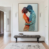 Modern Lovers Painting Blue Red Palette Knife Painting Rich Textured Lovers Artworks for Livingroom