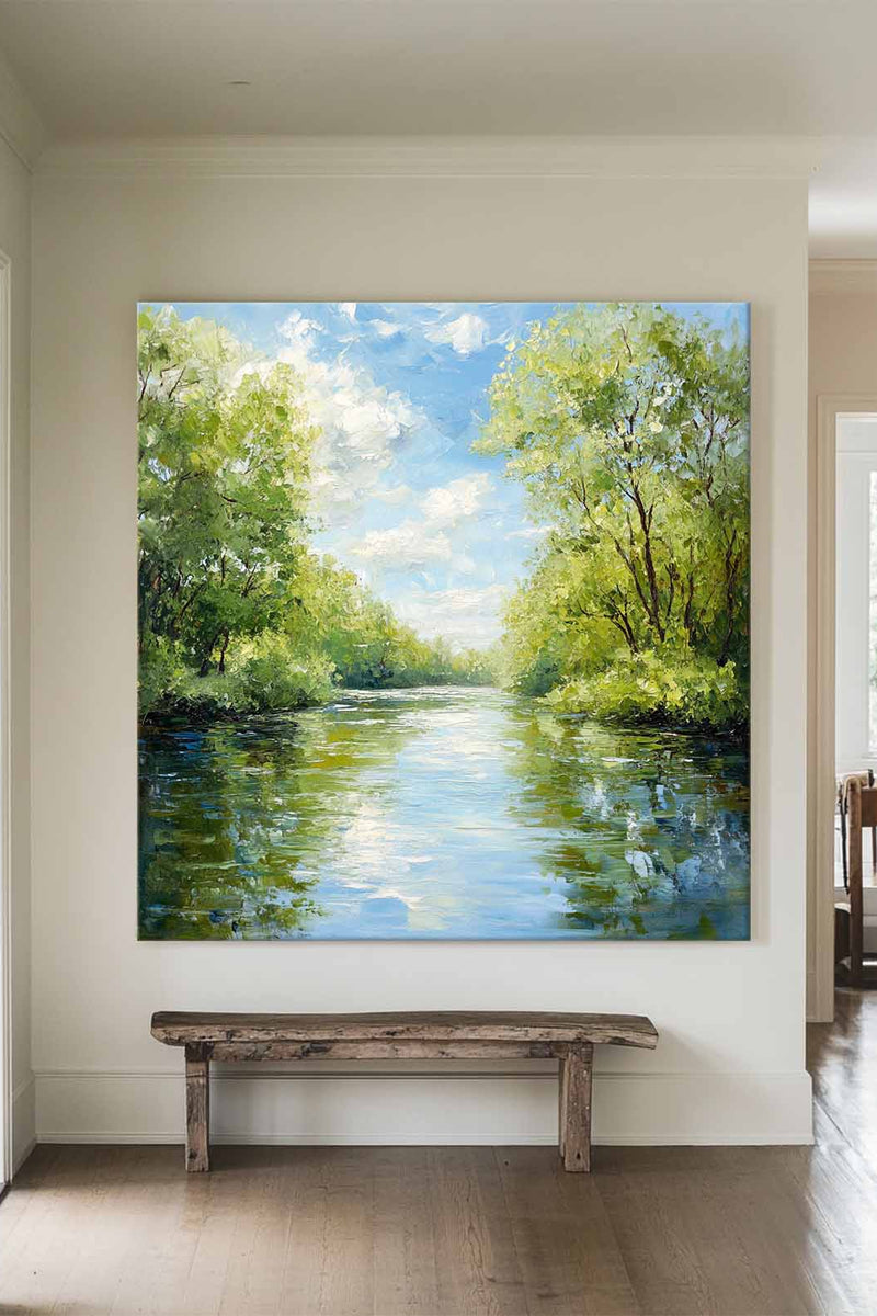 Large Green Lake Landscape Painting Modern Lake View Painting Textured Canvas Art For Livingroom