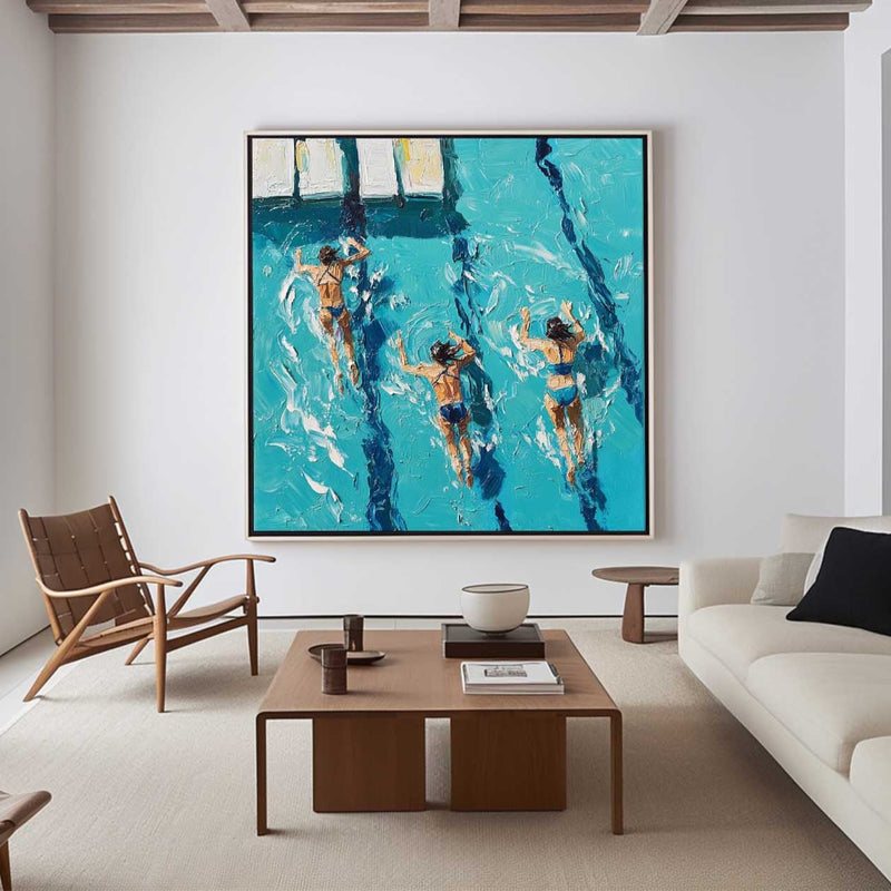 Large Swimming Painting Blue Swimming Textured Wall Art Modern Sport Painting For Sale