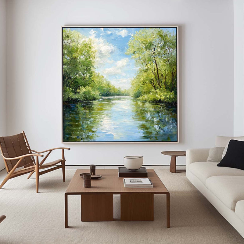 Large Green Lake Landscape Painting Modern Lake View Painting Textured Canvas Art For Livingroom