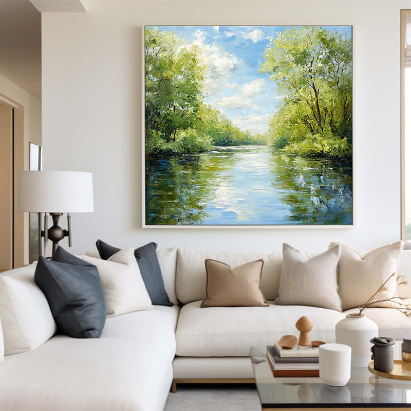 Large Green Lake Landscape Painting Modern Lake View Painting Textured Canvas Art For Livingroom