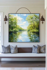 Large Green Lake Landscape Painting Modern Lake View Painting Textured Canvas Art For Livingroom