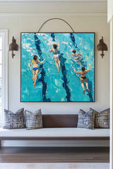 Blue Swimming Painting Swimming Girl Textured Wall Art Modern Sport Textured Painting For Hallway