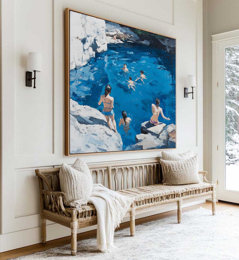 Large Swim and Play Wall Art Blue Home Party Textured Wall Art Swim Painting For Livingroom