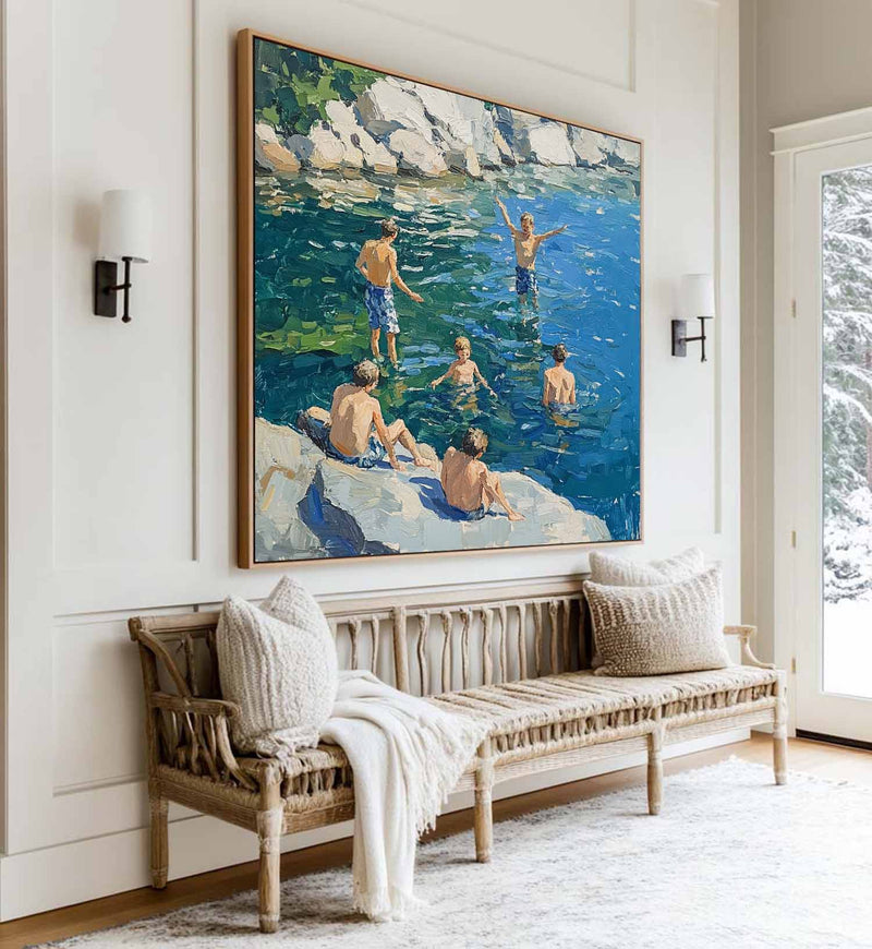 Large Swim and Play Wall Art Blue Home Party Textured Wall Art Swim Painting For Livingroom