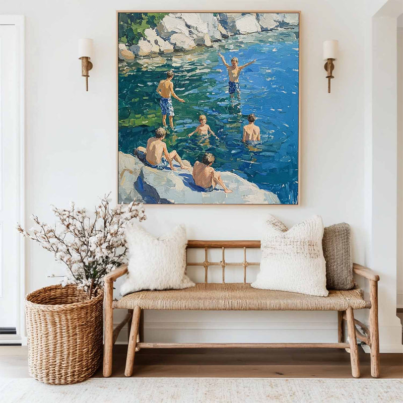 Large Swim and Play Wall Art Blue Home Party Textured Wall Art Swim Painting For Livingroom