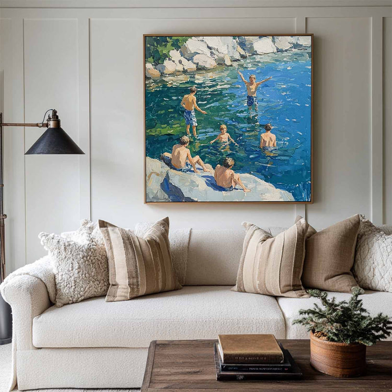 Large Swim and Play Wall Art Blue Home Party Textured Wall Art Swim Painting For Livingroom