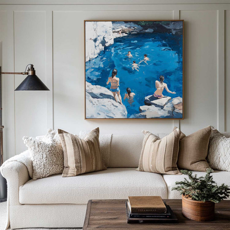 Large Swim and Play Wall Art Blue Home Party Textured Wall Art Swim Painting For Livingroom