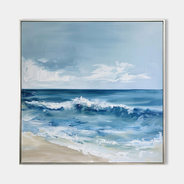 Original Abstract Blue And White Ocean Painting Tropical Beach Canvas Wall Art Large Modern Seascape Paintings 