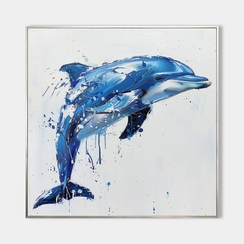 Big Blue And White Dolphin Wall Decor,Canvas Painting Of Dolphin,Cute Dolphin Painting,Blue Art Canvas For Living Room