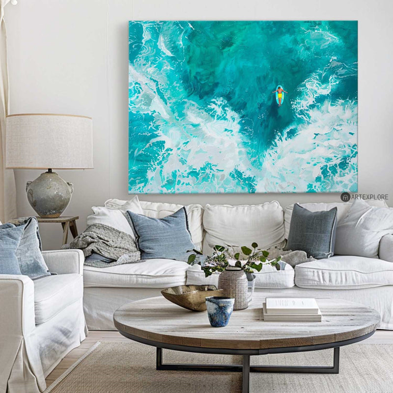 Large Modern Green Ocean Wall Art Floating Away In An Ocean Of Serenity Horizontal Canvas Serene Escapes: Ocean Adventures Paintings