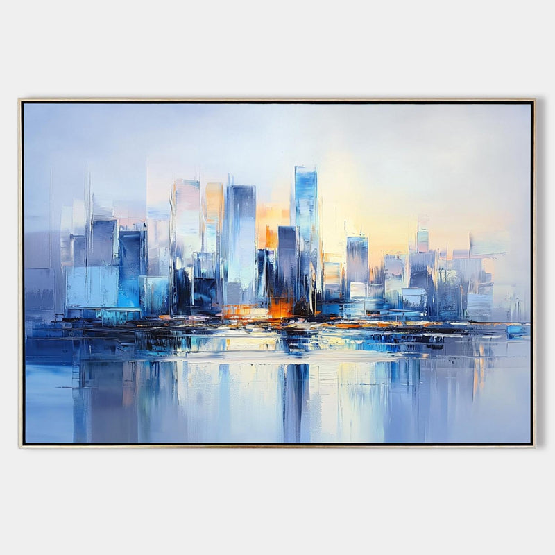 Large Urban Painting Blue Cityscape Painting Rich Textured Palette Knife Artworks For Sale