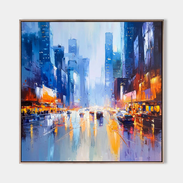 Modern Blue Urban Canvas Wall Art Rich Textured Acrylic Cityscape Canvas Art For Livingroom