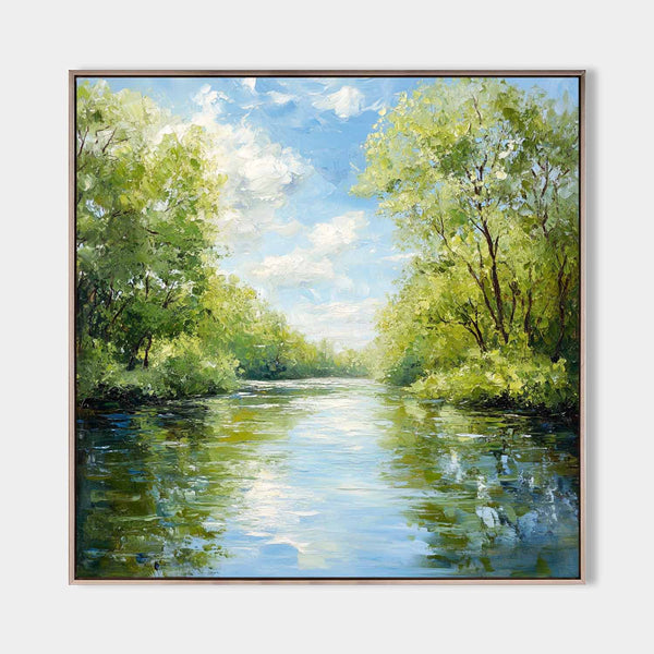 Large Green Lake Landscape Painting Modern Lake View Painting Textured Canvas Art For Livingroom