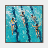 Blue Swimming Painting Swimming Girl Textured Wall Art Modern Sport Textured Painting For Hallway