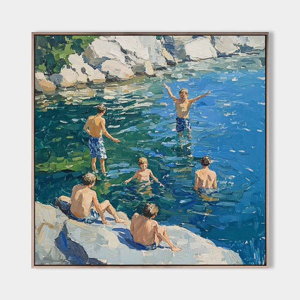 Large Swim and Play Wall Art Blue Home Party Textured Wall Art Swim Painting For Livingroom