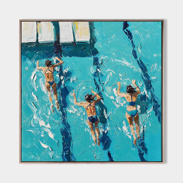 Large Swimming Painting Blue Swimming Textured Wall Art Modern Sport Painting For Sale