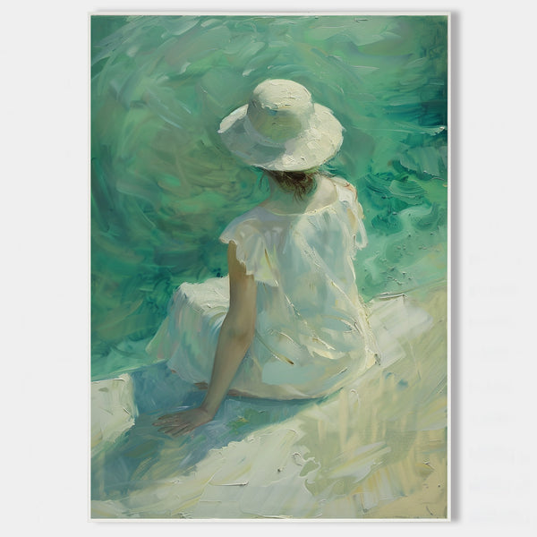 Large Woman's Portrait Oil Painting, Green Beautiful Girl Wall Art For Sale Impressionistic Painting