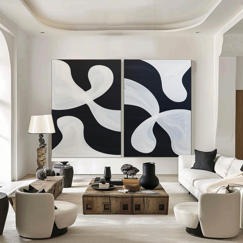 Large Black And White Modern Art Geometric Painting Black And White  2 Piece Wall Art Minimalist Apartment Decor