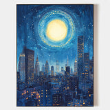 City Night View Canvas Art Blue Vertical Wall Art Modern Cityscape Canvas Art For Livingroom