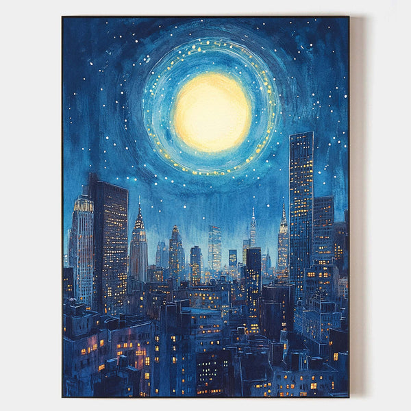 City Night View Canvas Art Blue Vertical Wall Art Modern Cityscape Canvas Art For Livingroom