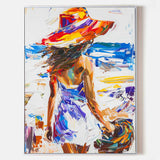 Original Abstract Woman In White Dress Oil Painting, Minimalist Colourful Apartment Decor, Beautiful Girl With A Hat