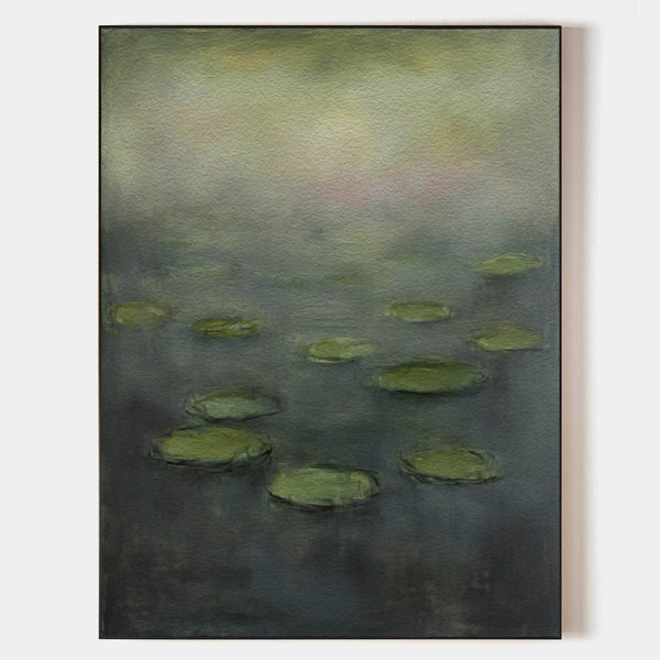 Green Lotus Pond Art Painting Lage Abstract Impressionist Paintings Vertical Artworks for Livingroom