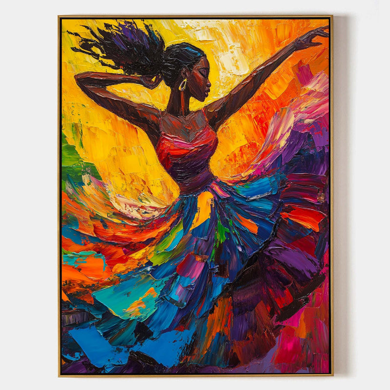 Modern Black Woman Dancing Painting, Beautiful Girl Wall Art Large Colorful Thick Texture Art