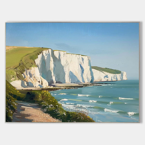 Beautiful White Cliff Oil Painting Oversize Horizontal Landscape Art Seaside Art on Canvas 